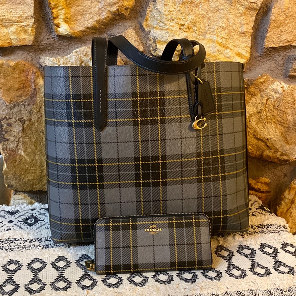Coach Highline plaid leather tartan tote